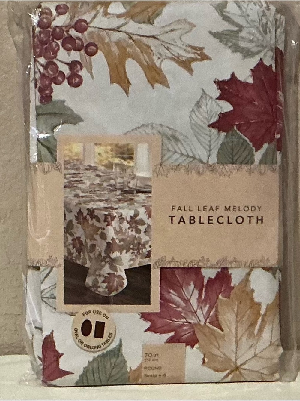 Fall Leaf Melody PEVA Tablecloth - White with Autumn Leaf Print